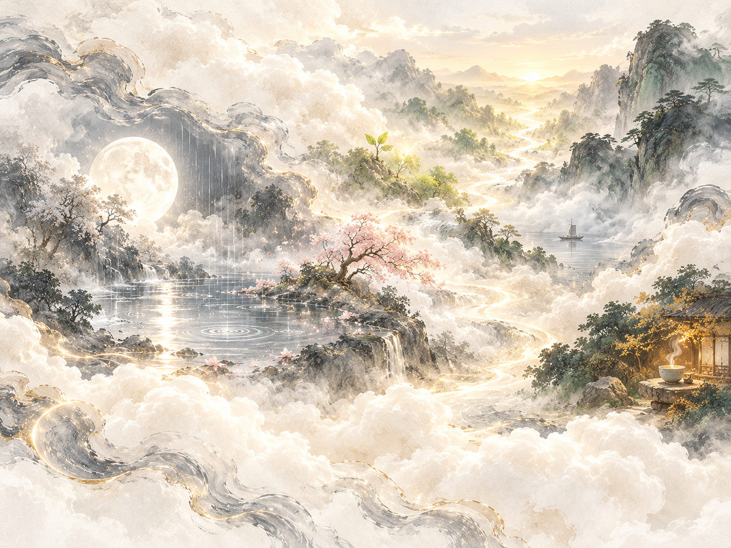 白月、晨光、花树、云舟与青山汇成的一念山谷